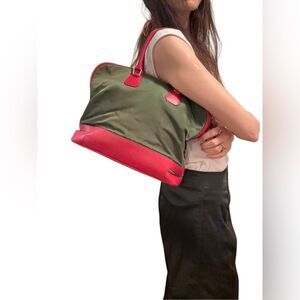 Auth Prada red leather and green nylon hand bag